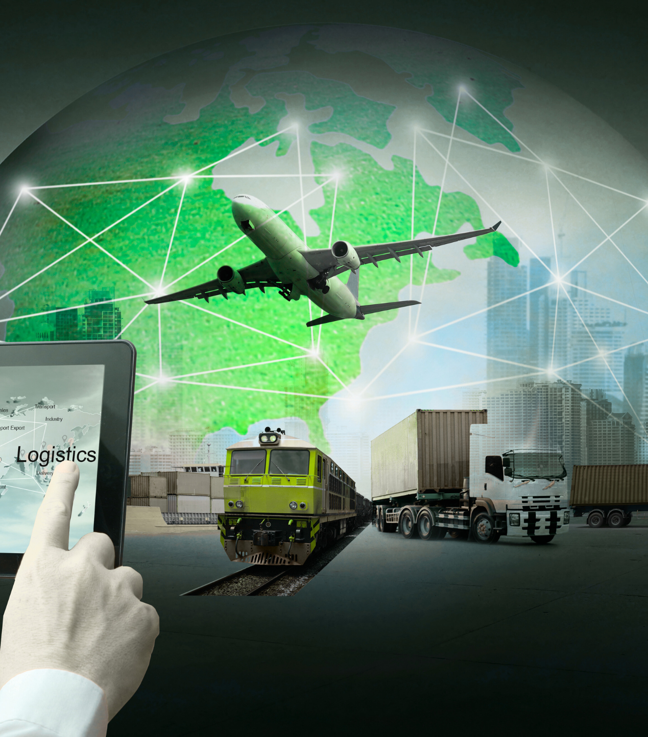 Airplane, freight train, and trucks connected by a digital global network, representing ShipWise Group’s FCL, LCL, Air Cargo, and Pre‑Shipment Inspection services